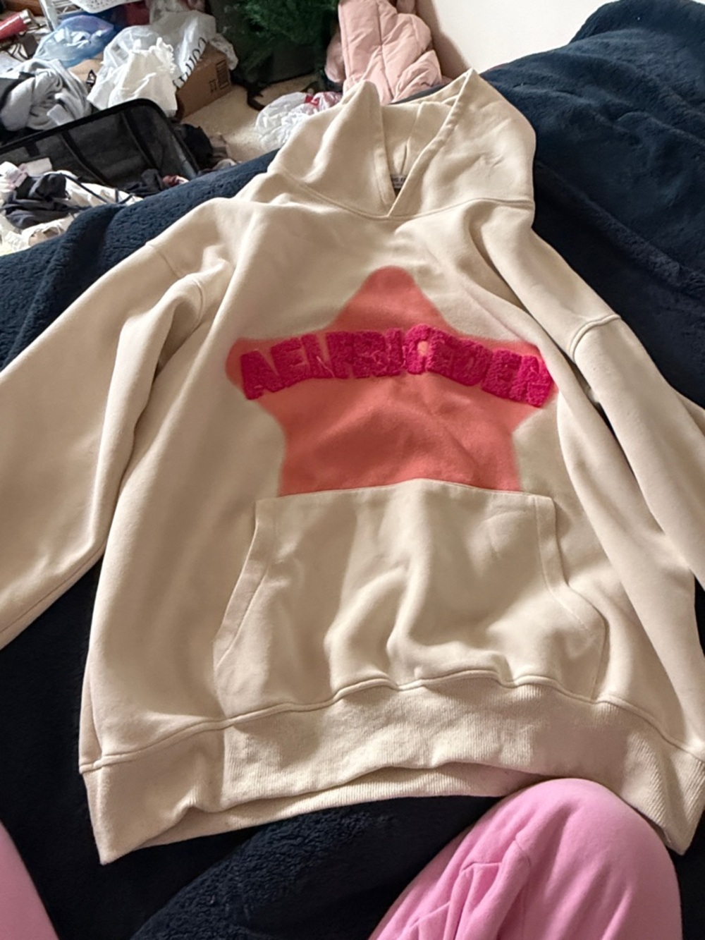 Aelfric Eden Cream Hoodie with Pink Star and Fuchsia Logo